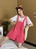 Overol Rosa de Cinco Puntos de Cintura Alta Reductor de Edad para Niñas, Estilo Coreano Holgado Casual Ropa de Trabajo Tirantes, Mono