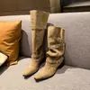Estilo Deserto~ Botas longas retrô de salto grosso femininas de couro com fivela, botas franzidas de cano alto, botas cowboy femininas de verão