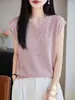 Camiseta de punto de manga corta con cuello en V para mujer, estilo veraniego fino con diseño calado, top adelgazante y elegante, camiseta sin mangas fresca de lino de bambú