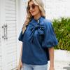 Europa e Estados Unidos transfronteiriços primavera novo Amazon retrô solto decote renda camisa jeans top laço mulheres
