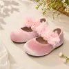 Zapatos Mary Jane de Terciopelo con Flor para Niñas, Zapatos de Fiesta y Desfile para Niñas de las Flores, Velcro Suela Suave Zapatos Planos Retro de Princesa