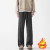 Calças Casuais Pretas Masculinas Outono e Inverno Marca da Moda Dosing Calças Retas Largas com Forro de Lã Moda Plus Size Calças Esportivas de Perna Larga
