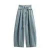Foto real de pantalones vaqueros de talla grande, color liso, fluidos, con curva, para mujer, nuevo estilo coreano de primavera, pantalones holgados casuales adelgazantes