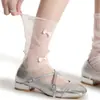 Calcetines de Malla de Verano hasta la Rodilla Estilo Ballet con Encaje de Lazo 3D Calcetines Transparentes Cortos Combinados con Medias de Seda de Vidrio Mary Jane