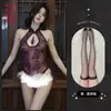 Lencería Sexy con Bodysuit de Encaje Hueco con Cuello Halter, Cadena de Perlas, Estilo Chino Clásico Nuevo, Atractivo, Banda para el Vientre que No se Quita 9316