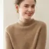 26 Nuevos Suéteres de Cachemira de Alta Gama para Mujer de Otoño e Invierno, Cuello Alto Medio, Color Sólido, Suéter de Punto Versátil, Top Básico Holgado