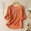 Verano Nuevo Estilo Étnico Solapa Inclinada Hebilla Bordado Manga Corta Algodón y Lino Camisa para Mujer Estilo Chino Retro Camisa Top Cárdigan