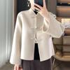 Nuevo abrigo corto de doble vista de lana 100% estilo chino con cuello vertical para mujer, cárdigan elegante y moderno