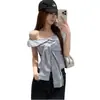 Suministro Transfronterizo Estilo Coreano Top Azul de un Hombro para Mujer Verano con Tirantes Diseño Ajustado de Nicho Camisa de Manga Corta Rayada
