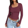 Roupas transfronteiriças AliExpress Amazon femininas de manga comprida cor sólida estilo europeu e americano gola quadrada slim fit camiseta de manga comprida