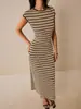 Vestido Largo Casual de Moda Europeo y Americano Transfronterizo para Mujer, Estándar de Amazon, Bloques de Color, Rayas, Cintura ceñida, Cuello redondo, Manga corta