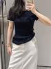 Playera de Punto Acanalado Slim de Cuello Redondo Estilo Similar a Eldos para Mujer, Nuevo Verano 2025, Encaje Pequeño con Bloques de Color, Tejido de Punto Ligero de Manga Corta
