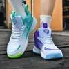 Zapatos de Baloncesto de Bloques de Color de Dos Tonos Pato Mandarín para Hombre Blancos Morados Zapatos de Batalla Zapatos Deportivos de Combate Real Zapatos de Entrenamiento para Adolescentes Mujer