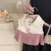 Roupas Infantis Coreanas Meninas Estiloso Gola Polo Sem Manga Colete Camiseta + Saia Plissada Rosa Conjunto de Duas Peças da Moda