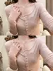 Top feminino de outono cedo, cor sólida, design fino e simples, manga longa, estilo ins, gola semiaberta, corte justo com acabamento franzido