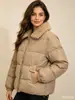 Jaqueta Curta de Algodão com Lantejoulas Finas Céu Estrelado Colarinho de Pelo Zíper de Metal Feminina Petite Solta Acolchoada Casaco de Algodão Roupa Exterior