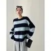 Suéter Pulôver Casual Listrado Azul com Gola Redonda para Mulheres, Novo Outono/Inverno de Alta Qualidade, Malha Macia Solta