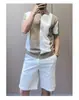 Camisa Masculina de Manga Curta de Seda Gelada Estilo Coreano Tendência Nova de Verão Cor Contrastante Camiseta Personalizada Masculina Slim Malha Gola Redonda Curta