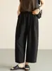 Verano Nuevo Color Sólido Algodón y Lino Pantalones de Pierna Ancha para Mujer Cintura Alta Elástico Lino Transpirable Pantalones Rectos Versátiles Pantalones Nueve Puntos Casual