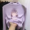 Camiseta base cálida de manga larga para niñas, longitud media, cuello semi-alto, estilo otoño/invierno, con estampados de dibujos animados, top de forro polar para niños