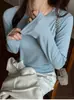 Top de manga larga de color liso para mujer para primavera y otoño, hecho de Tencel y lana, corte ajustado, favorecedor, versátil, cuello redondo, fino