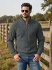 Blusa de malha waffle com listras verticais para homem, com zíper parcial e gola alta, manga longa, cor sólida, moletom casual estilo americano