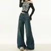 26 Pantalones de mezclilla retro, corte relajado, efecto de lavado nuevo para mujer, colección de otoño, tiro alto, adelgazantes, pierna ancha, largo hasta el suelo