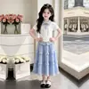 Conjunto Fresco de Dos Piezas con Falda Larga de Encaje Dulce y Elegante, Manga Corta Rayada, Personalidad Casual de Verano para Niñas