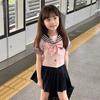 Conjunto de Saia Suja com Laço Estilo Coreano para Menina Celebrante da Internet Infantil Verão Novo Estilo Ocidental Listrado Manga Curta Conjunto de Duas Peças