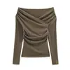 Para Ropa Europea y Americana Transfronteriza de Mujer Aliexpress Venta Caliente Moda de Otoño Versátil de Tres Colores Hombros Descubiertos Ruched Top de Punto