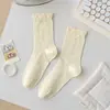 Calcetines de Malla Transpirables Finos Color Amarillo Crema Estilo Ins con Lazo de Gato para Mujer, Calcetines Dulces para Estudiante