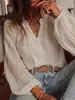 2026 Transfronterizo Amazon Estilo Nuevo Primavera y Otoño Holgada Moda Versátil Encaje Hueco V de un Solo Botón Manga Larga Camisa
