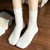 Calcetines de Lunares con Borde Fruncido para Mujer, Calcetines de Algodón Blanco Leche Puro hasta la Mitad de la Pantorrilla, Estilo Coreano Verano y Otoño, Estilo Ballet, Calcetines Holgados de Moda