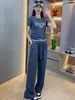 Conjunto de Pantalones Anchos Casuales Delgados de Verano, Conjunto de Dos Piezas para Mujer con Top Corto Ajustado de Cuello Redondo con Estampado de Letras y Mangas Cortas