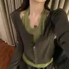 Cárdigan de punto gris de manga larga, estilo coreano, falso dos piezas, cuello en U acanalado, para mujer, otoño, casual, estilo intelectual, top corto