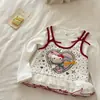 Timo Roupas Casuais para Meninas Camiseta de Manga Longa com Estampa de Desenho Falsa Duas Peças Outono Renda Estilo Coreano Patchwork para Meninas