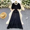 Vestido Longo Elegante Estilo Hepburn com Gola Peter Pan de Renda, Mangas Bufantes, Ajustado ao Corpo, Tricô de Seda Gelada da Marca S Coreana