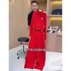 Traje Deportivo Casual Estilo Europeo Rojo para Mujer, Primavera y Otoño 2025 Nuevo Moda Tendencia Holgado Pantalones de Pierna Ancha Conjunto de Dos Piezas