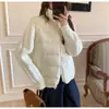 Jaqueta de algodão tricotada em retalhos azul suave estilo coreano para mulheres, modelagem solta, emagrecedora, casaco de inverno super estiloso para mulheres baixinhas