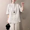 Camiseta de Algodão e Linho Cor Sólida Barra Dividida Manga Curta Feminina Verão 2026 Nova Solta Casual Versátil Emagrecedor Top Tendência