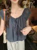 Toma real: Blusa elegante de estilo vacacional coreana dulce de corte holgado que reduce la edad para mujer con tirantes elásticos off-shoulder 18624