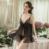 Chiffon Transparente Rosa Renda Borboleta Gravata Fenda Frontal Sexy Camisola Vestido de Noite Roupão Conjunto para Casa 7349