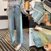 Jeans Feminino Azul Cropped Wide-Leg Primavera Cintura Alta Solto Versátil Pequeno Estreito Casual Reto Wide-Leg