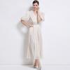 Vestido Europeu e Americano de Manga Bufante Plissado Slim Organza Lindo Fashion Slim Midi Estilo Coreano Saia Longa