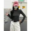 Blusa Feminina com Zíper e Gola Alta Meio, Camada Base Térmica Slim Fit, Camiseta de Manga Longa com Ombro Normal para Outono e Inverno