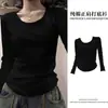 Camiseta de Algodón con Hombro Derecho, Cuello en V Americano, Manga Larga para Mujer en Otoño e Invierno, Nuevo Diseño, Top Versátil para Base
