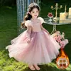 Vestido Princesa Rapunzel para Meninas Primavera e Outono 2026 Novo Doce Veludo Pom-Pom Xale Infantil Forrado com Lã Vestido de Aniversário