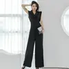 2026 Verano Nuevo Estilo Coreano Elegante Ajustado Cuello de Solapa Ceñido a la Cintura Pantalones de Pierna Ancha Moda Profesional Mono Negro