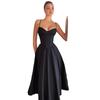 Vestido Largo de Tirantes con Cuello en V Sexy para Mujer, Estilo Francés Transfronterizo, Nuevo Verano 2024, Negro sin Espalda