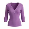 Camiseta Cor Sólida Manga Três Quartos Ombro Normal Botões Decote V Estilo Puro Desejo, Nova Base Versátil Slim-Fit Cor Sólida para Primavera/Verão